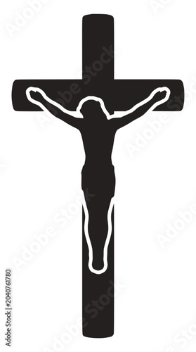 Obraz na plátně Black Silhouette of Jesus Christ Crucifixion on White Background