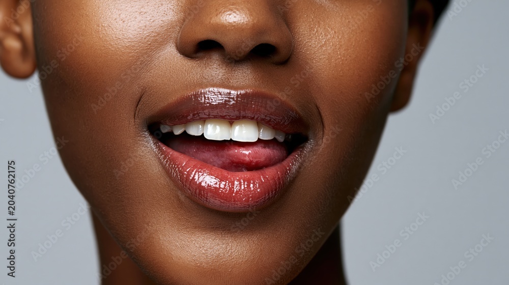 Fototapeta premium Close-up of a dark-skinned woman's glossy lips and tongue with perfect white teeth