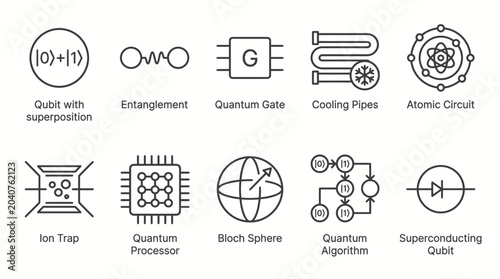 Konstfotografi A grid of ten blackandwhite icons illustrating quantum computing concepts with a