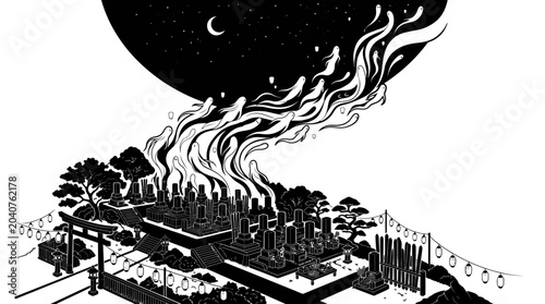 Φωτογραφία Black and white illustration factory burning.