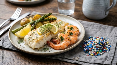 Gourmet white fish dinner plate with shrimp and green beans potatoes asparagus
