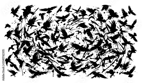 Photography Ravens flying in a large flock with messy ink splatters and dark grunge artistic