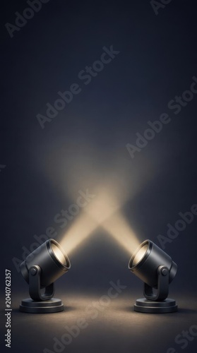Two studio spotlights shining light beams on dark moody abstract stage