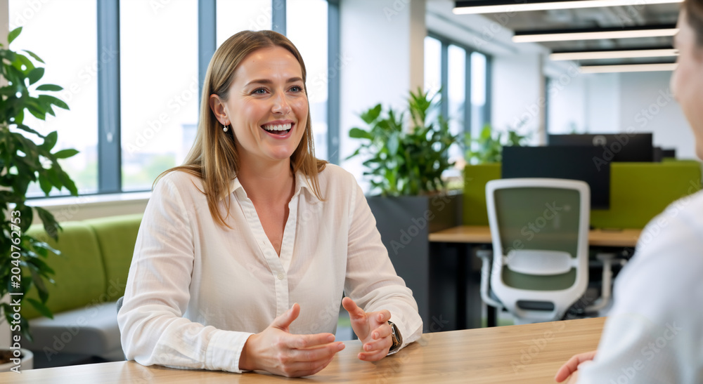 Obraz premium Smiling businesswoman talking during a meeting in a modern office. Professional woman in white shirt having a conversation