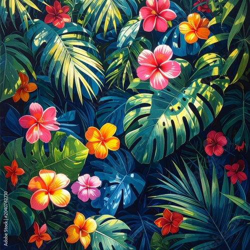  Summer tropical delight with vibrant hues and azure undertones mingling in lush foliage, where exotic flowers unfurl under dappled sunlight in a vivid