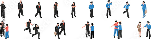 A group of people walking in different directions in silhouette on a white background.People Walking Silhouettes in Various Directions on White Background