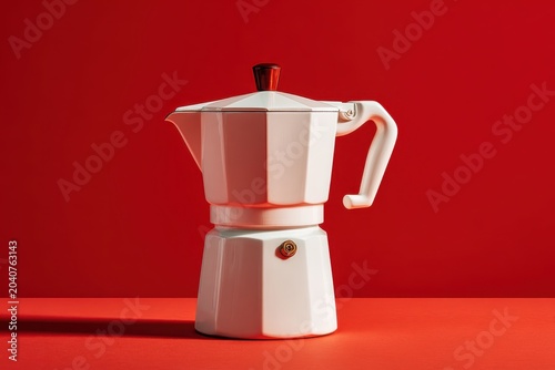 White Moka Pot on Red Surface: A striking white Moka pot, a classic stovetop coffee maker, is artfully arranged on a vibrant red surface against a matching red background.