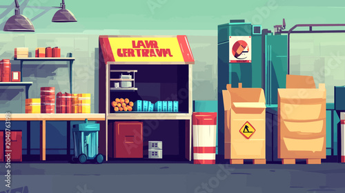 Indoor warehouse or storage area with shelves and boxes