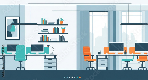 Modern Open Plan Office Interior with Desks, Computers, and Chairs and Flat Design Vector Illustration