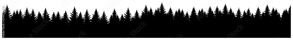 Obraz premium Pine forest treeline panoramic horizon border black silhouette vector illustration