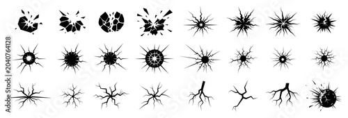 Photos Impact cracks and explosion shattering icons in black silhouette style