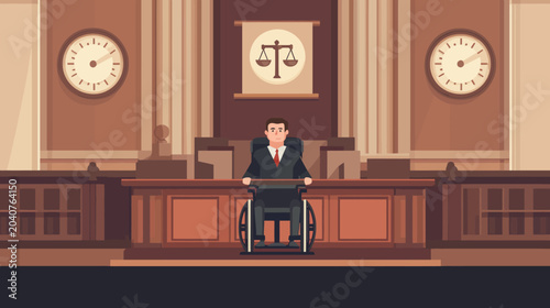 Judge in wheelchair presides over court with scales emblem background
