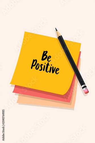 Yellow sticky note with be positive text and pencil on top