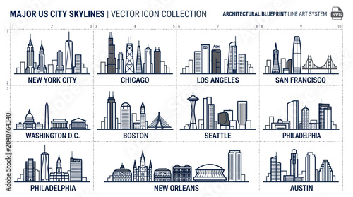 Major US City Skylines Vector Icon Collection: Architectural Blueprint Line Art