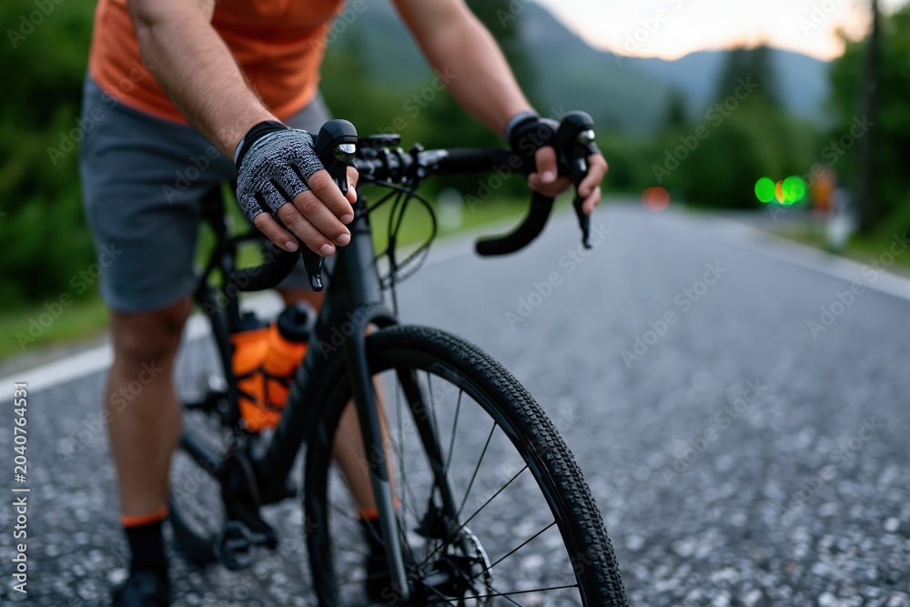 Fototapeta premium Adult cyclist adjusting handlebars on rural road before training ride