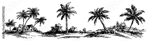 Tableau sur toile Tropical landscape with palm trees and small beach hut vintage engraving style v