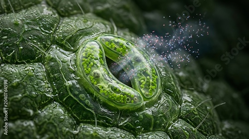 Extreme close up of plant stomata releasing water vapor through transpiration