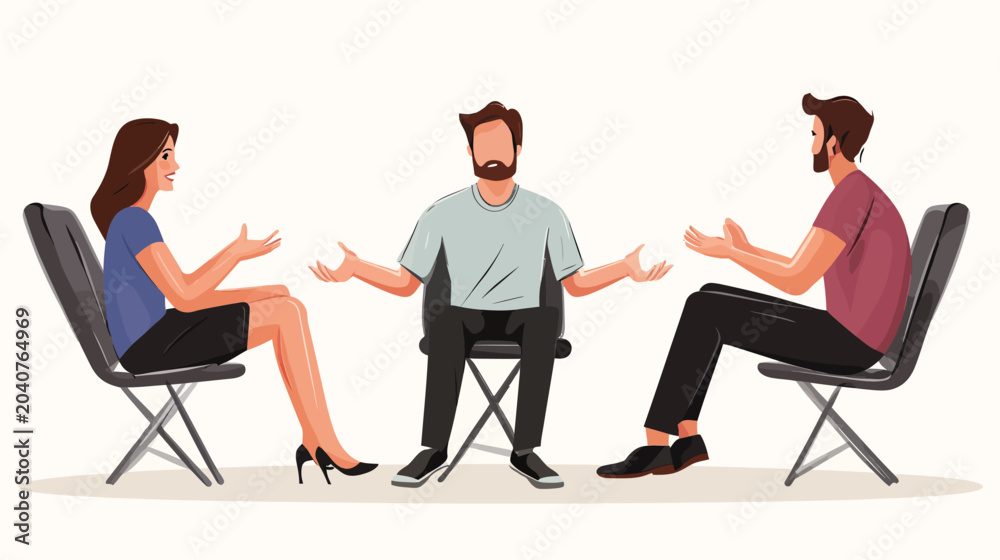 Obraz premium Illustration of three people engaged in a discussion, seated on chairs