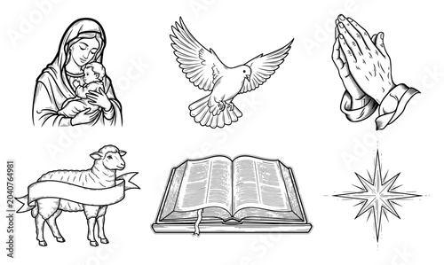 Foto Christian religious symbols set with Virgin Mary dove praying hands bible and la