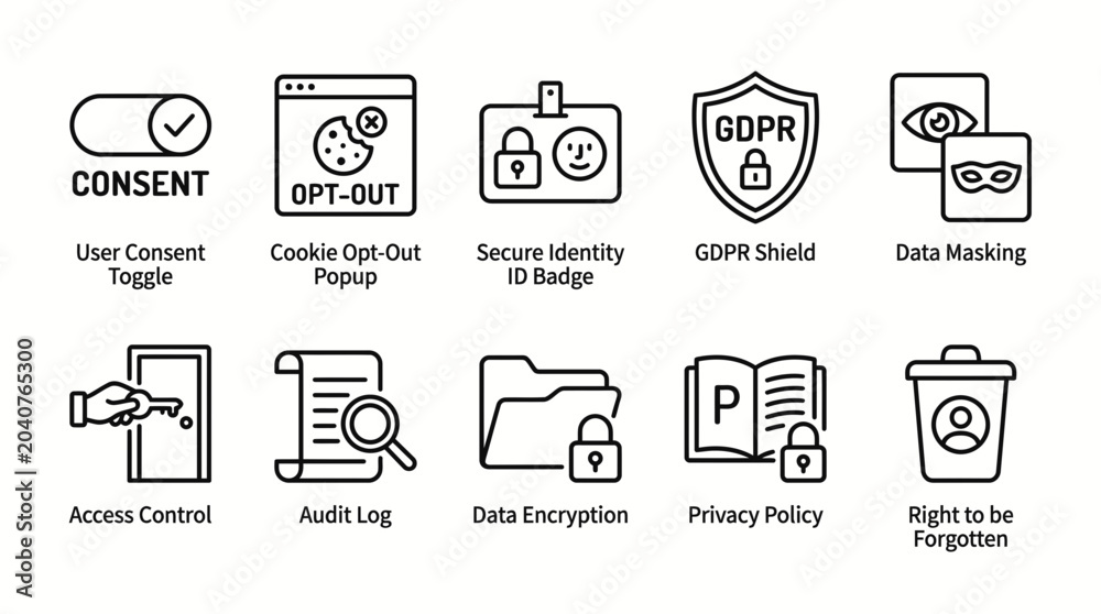 Fototapeta premium Ten blackline icons with text labels depicting various data privacy and security concepts on a white background