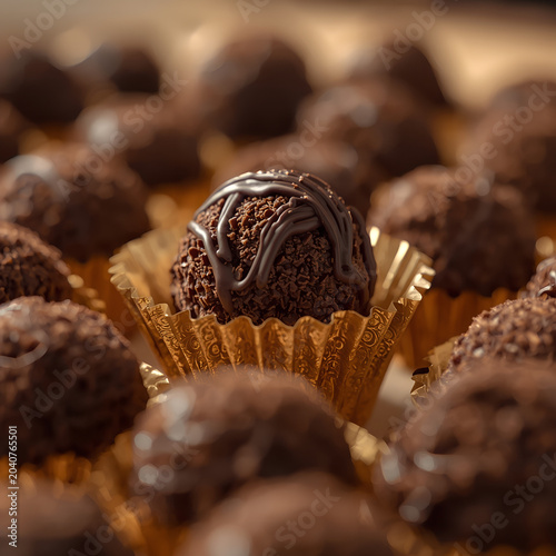 Chocolate truffle dessert with elegant golden wrappers on wooden background

