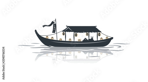 Photos Traditional Asian Houseboat on Calm Water.