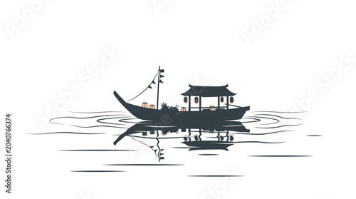 Fotografi Traditional Asian wooden boat sailing.