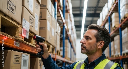 Man scanning boxes in warehouse storage.