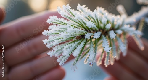 Close-up of Frost Crystals Adorning a Pine Branch Held by Hands.