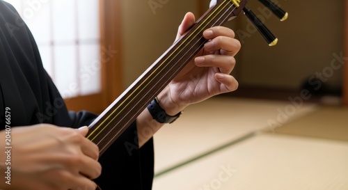 Close-up of a person playing a traditional Japanese shamisen instrument.