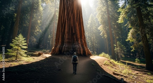 Person walking towards giant tree forest.