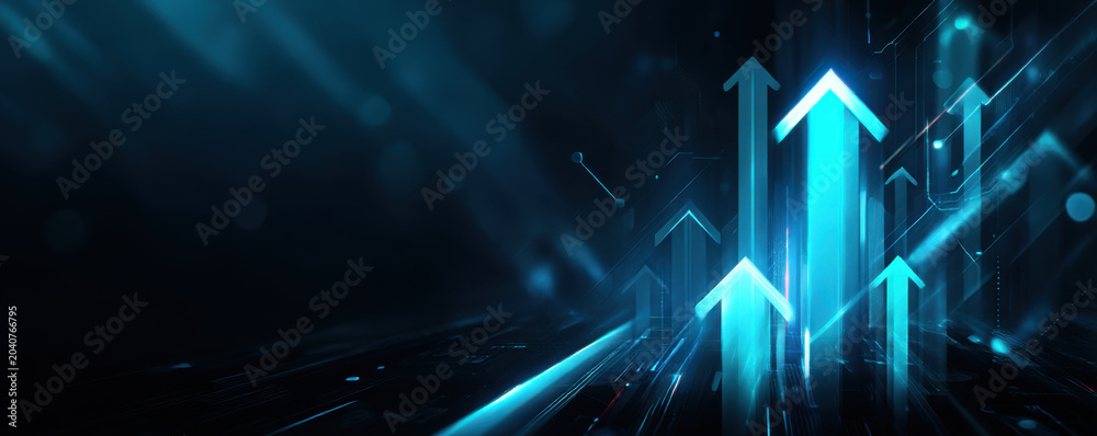 Obraz premium Glowing blue arrow abstract background with dark motion lines and futuristic technology effect