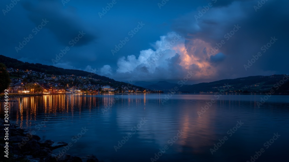 Obraz premium Serene twilight over calm lake with glowing reflections from city lights under a dramatic stormy sky filled with clouds and hints of lightning in the distance