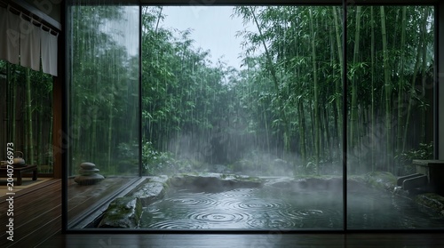 Bamboo Garden with Rain and Onsen Promoting Relaxation
