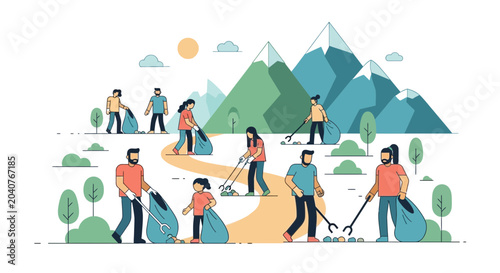 Foto People cleaning nature, environment, mountains, recycling, sustainability, commu