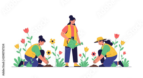 Tableau sur toile Diverse team planting flowers, gardening activity, community, spring season