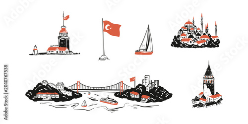 Fotografía Set of Istanbul landmark sketch crayon doodle vintage drawings
