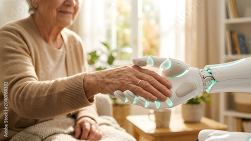 Emotional realistic photo of a glowing advanced robotic hand tenderly holding a wrinkled elderly human hand.
