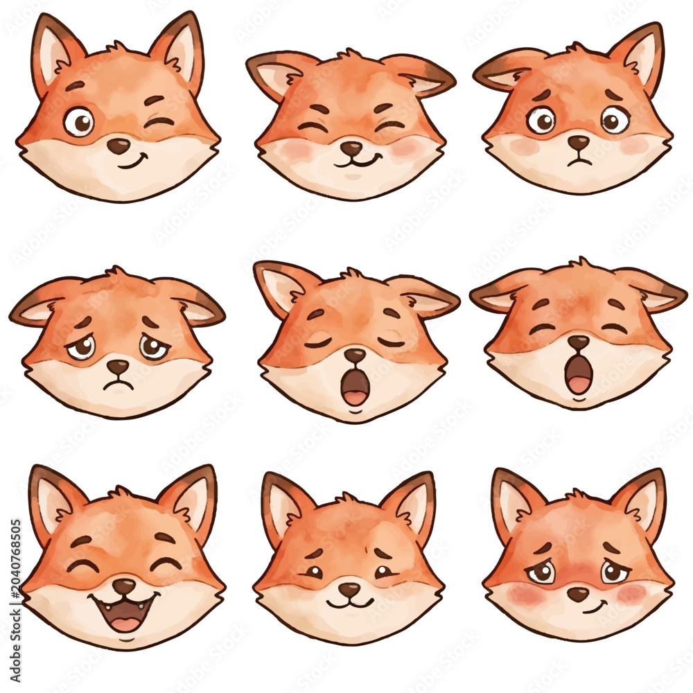 Fototapeta premium Cute Cartoon fox Animal Faces Set Collection watercolor