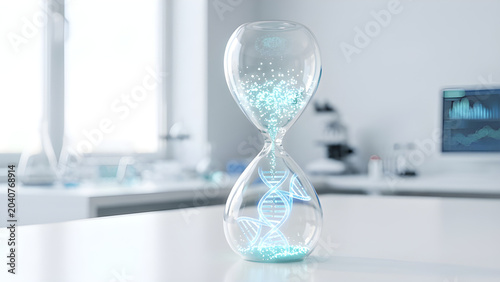Realistic surreal photo of a glass hourglass where falling light turns into a glowing DNA strand.