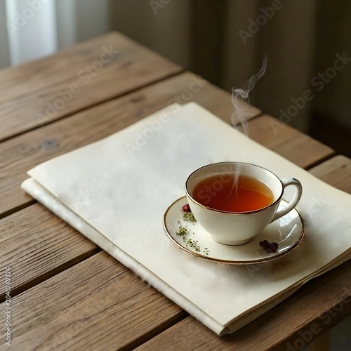 Steaming cup of tea on wooden table with newspaper background
