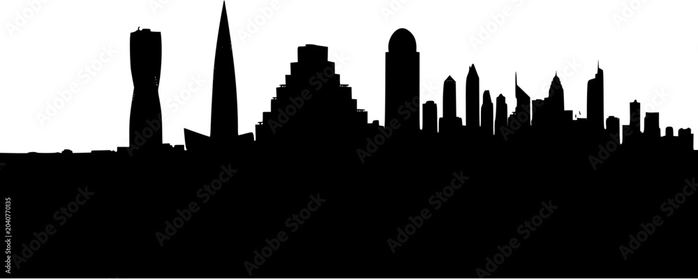 Obraz premium Modern city skyline silhouette rising behind rolling desert sand dunes with moon and sun in the sky