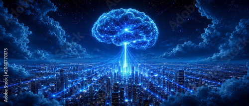 Artificial Intelligence Powering the City: A luminous blue brain, representing artificial intelligence.