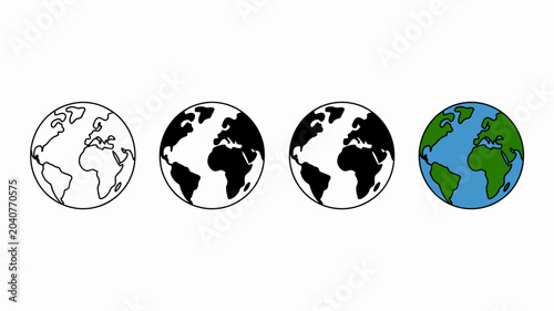 Foto Four globe icons in varying styles including line art and color fills world eart