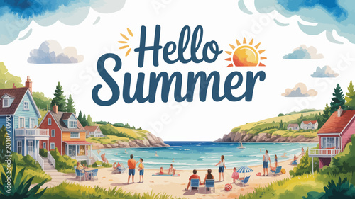 Canvas Print beach scene in cheerful watercolor style summer people houses sea sky clouds sun