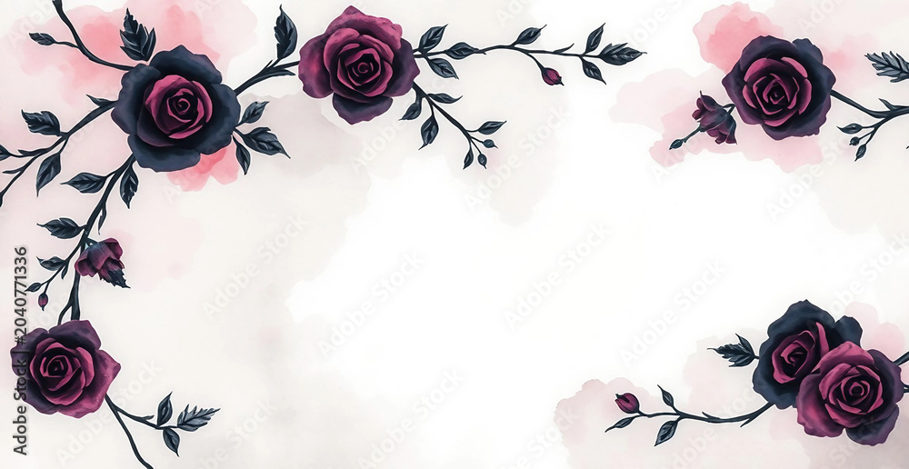 Obraz premium Dark gothic watercolor floral frame with black and deep purple roses, twisting vines and soft pink mist on white background with copy space.