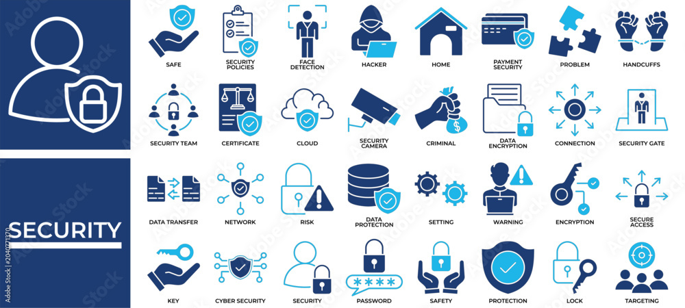 Naklejka premium Security icon set collection. Containing certificate, link, transfer, profit, puzzle, insurance, management .Solid vector icons collection