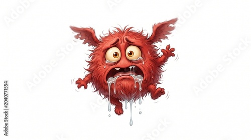 A drooling red furry ball character floating on a white background, featuring realistic fur and a craving, eager expression.