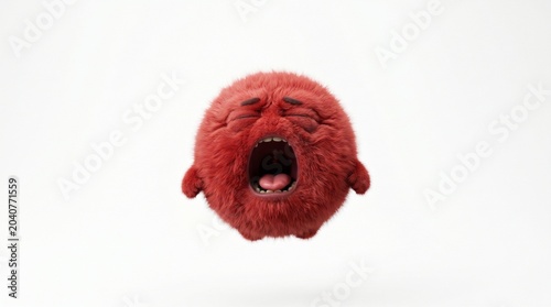 A yawning red furry ball character floating on a white background, featuring realistic fur and a tired, sleepy expression.