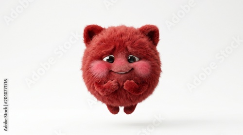 An embarrassed red furry ball character floating on a white background, featuring blushing cheeks, realistic fur, and a shy expression.